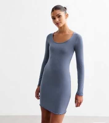 Blue Scoop Neck Ribbed Mini Dress