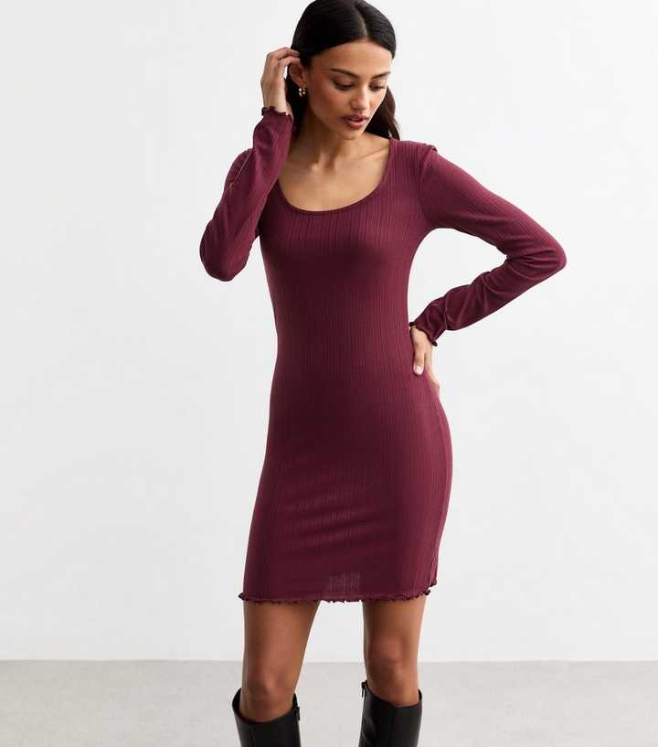 Burgundy Scoop Neck Ribbed Mini Dress