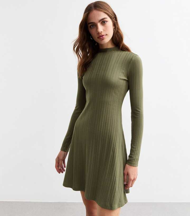 Khaki Ribbed Long Sleeve Skater Mini Dress
