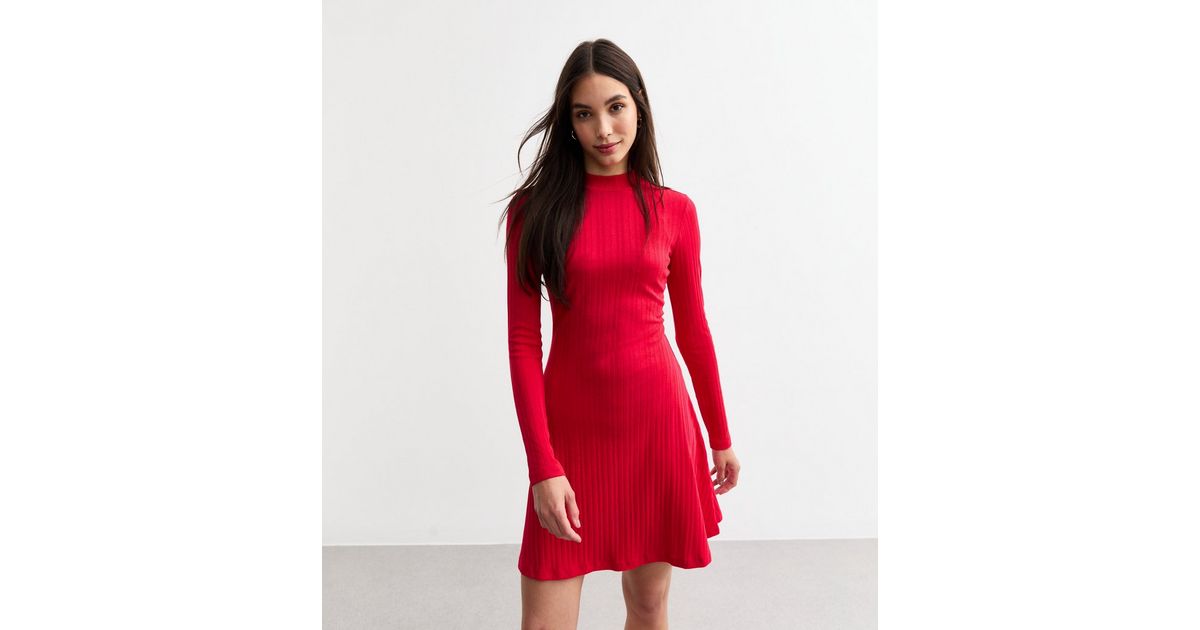 Red Ribbed Long Sleeve Skater Mini Dress New Look