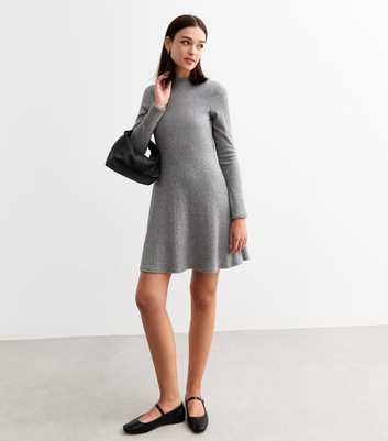 Grey High Neck Brushed Jersey Mini Skater Dress