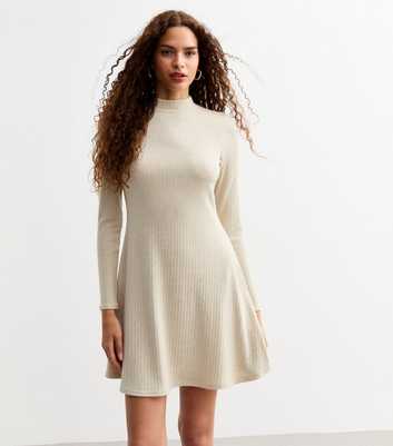 Cream High Neck Brushed Jersey Mini Skater Dress