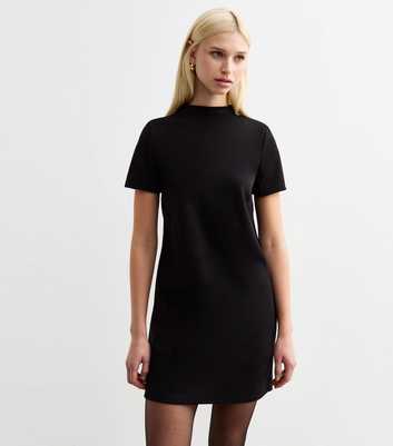 Black High Neck Short Sleeve Mini Dress