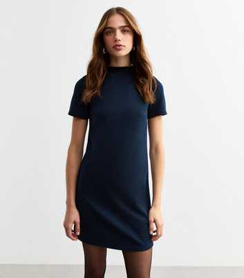 Navy High Neck Short Sleeve Mini Dress