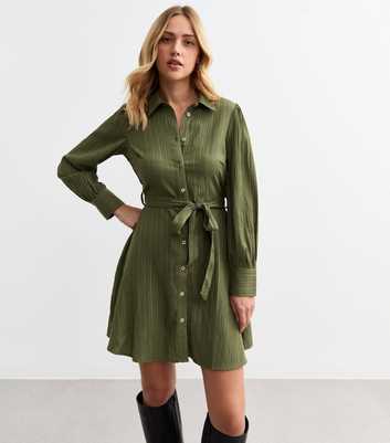 Khaki Belted Crinkled Mini Shirt Dress