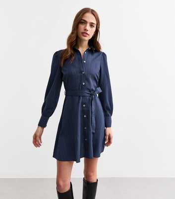 Navy Belted Crinkled Mini Shirt Dress