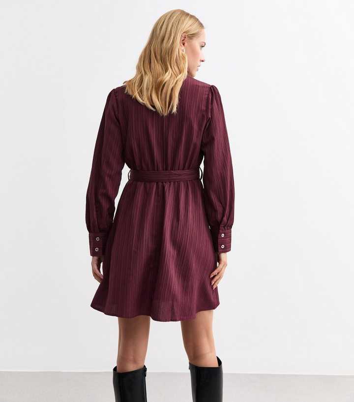 Burgundy Belted Crinkled Mini Shirt Dress | New Look