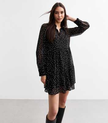 Black Chiffon Polka Dot Tiered Mini Dress