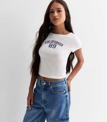Girls White California Text-Print Crop T-Shirt 