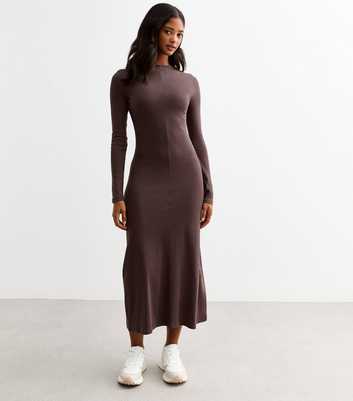 Dark Purple Seam Detail Ribbed Long Sleeve Midi Dress