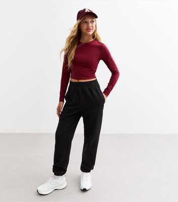 Girls Black High Waist Cuffed Joggers 