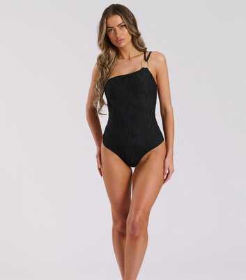 South Beach Black Textured One-Shoulder Swimsuit 