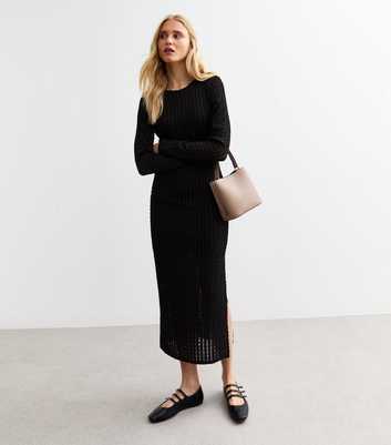 Black Textured Long Sleeve Midi Dress