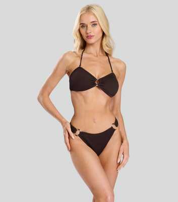 South Beach Dark Brown Textured Ring Detail Bikini Bottoms