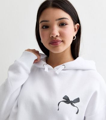 White Solid Color Cute Bow Detail Loose Hoodie main image 0