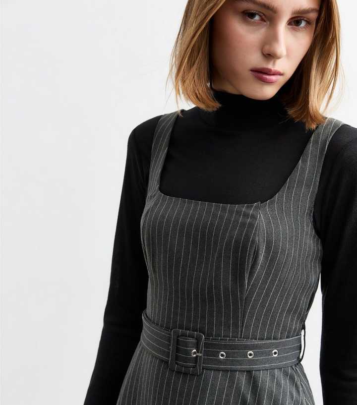 Grey Pinstripe Belted Pinafore Dress