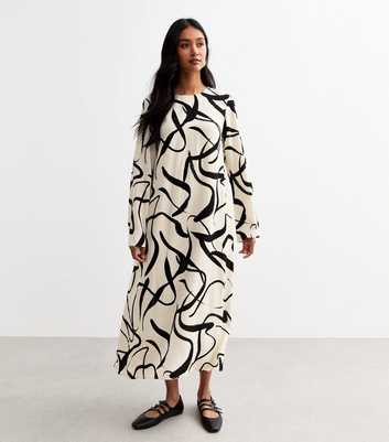 Off White Abstract Print Tie Back Midi Dress