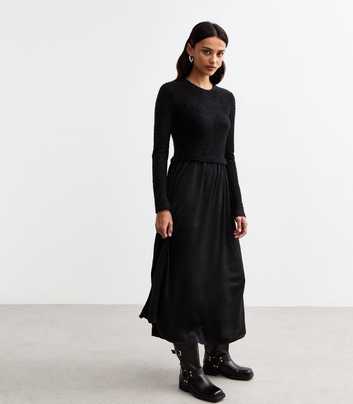 Black 2 In 1 Long Sleeve Satin Midi Dress