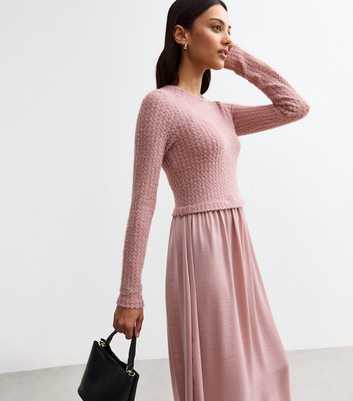 Pink 2 In 1 Long Sleeve Satin Midi Dress