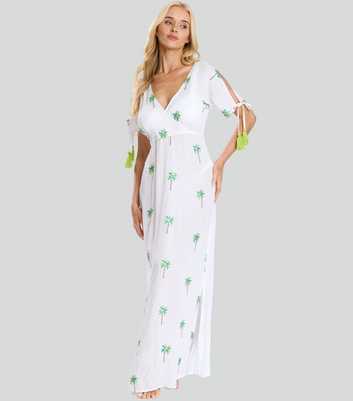 South Beach White Palm Print Maxi Beach Dress