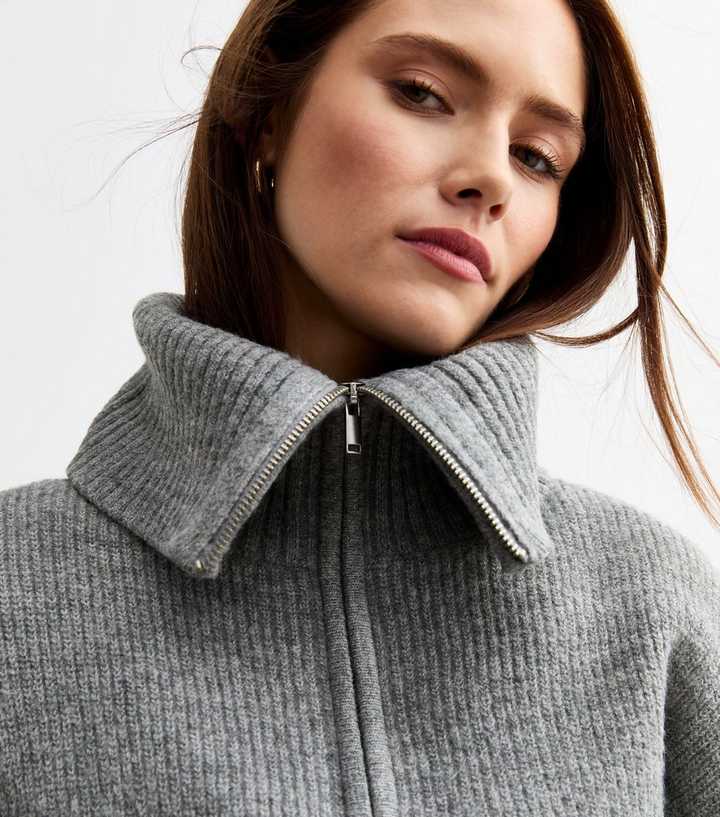 Grey Ribbed Knit Half Zip Jumper