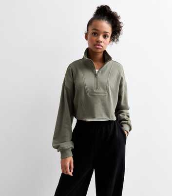 Girls Khaki Half Zip Crop Sweatshirt