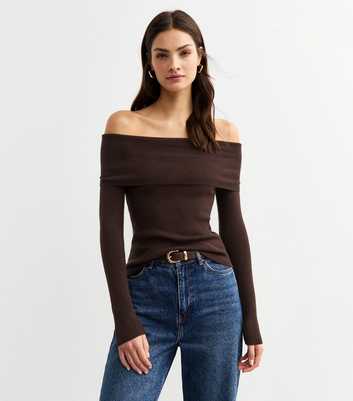 Dark Brown Ribbed Knit Bardot Top