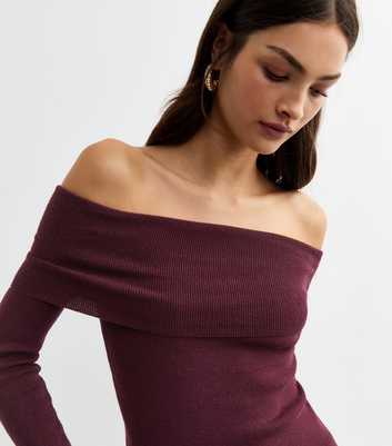 Burgundy Ribbed Knit Bardot Top