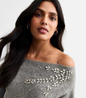 Grey Embellished Off Shoulder Bardot Jumper 