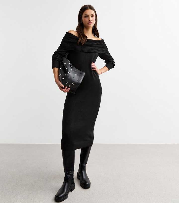 Black Knit Bardot Midi Dress | New Look
