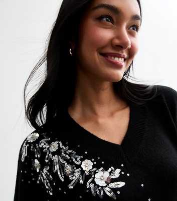 Black Sequin Embellished V Neck Jumper