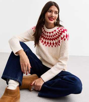 Red Fair Isle Yoke Cable Knit Jumper