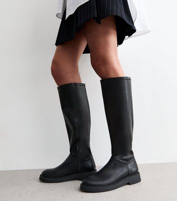 Black Leather Look High Leg Boots New Look