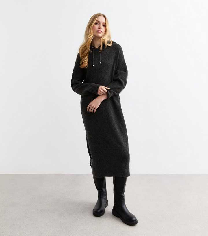 Grey Hooded Knit Midi Dress