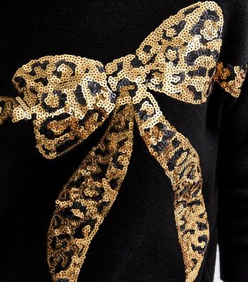 Black Christmas Leopard Bow Embellished Jumper