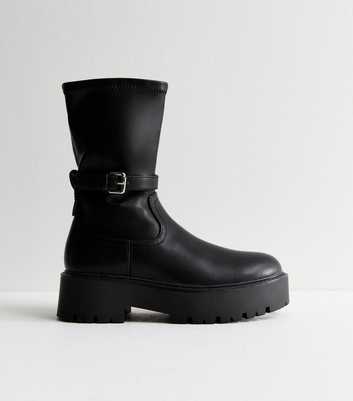 Black Leather-Look Chunky Biker Boots