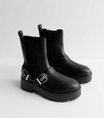 Black Leather Look Buckle Detail Chunky Boots