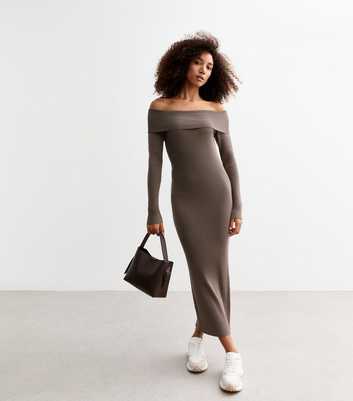 Brown Ribbed Bardot Long Sleeved Midi Dress