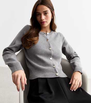 Grey Compact Knit Gold Button Cardigan 