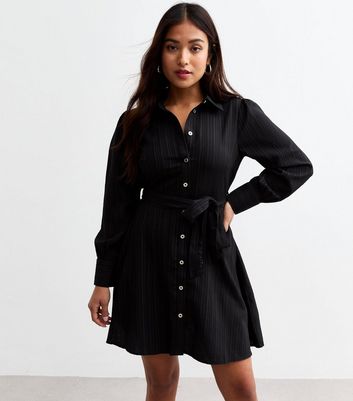 Petite Black Belted Mini Shirt Dress New Look