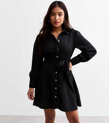 Petite Black Belted Mini Shirt Dress