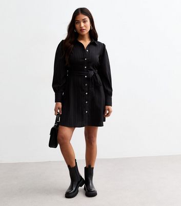 Petite Black Belted Mini Shirt Dress New Look