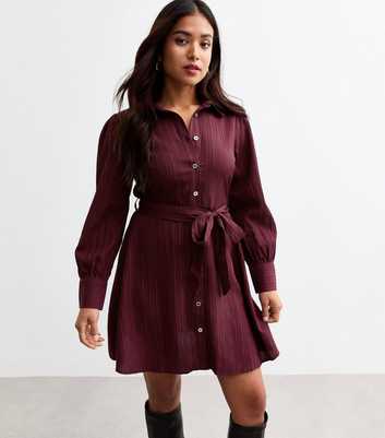 Petite Burgundy Belted Mini Shirt Dress