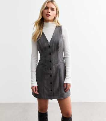 Petite Grey Striped Pinafore Mini Dress