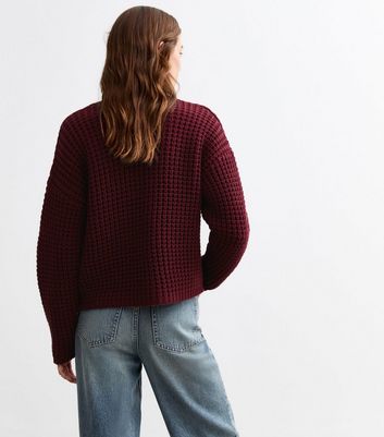 Burgundy Chunky Knit V Neck Jumper New Look