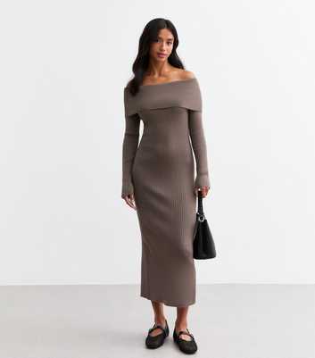 Petite Brown Ribbed Bardot Long Sleeved Midi Dress