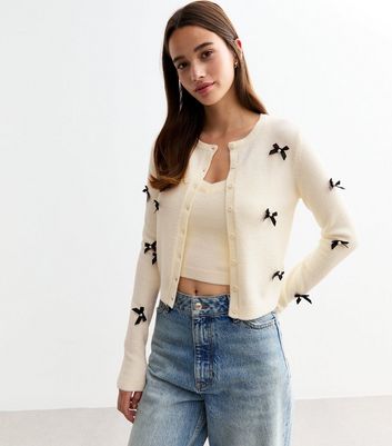 Off White Bow Embellished Fluffy Cardigan