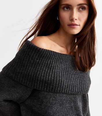 Grey Knit Foldover Bardot Jumper