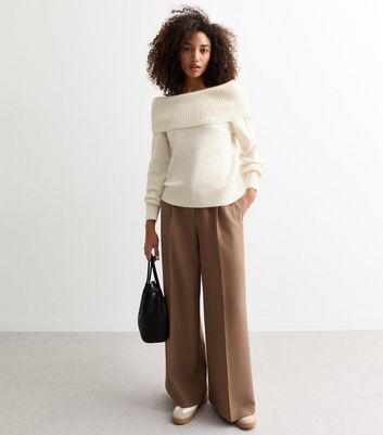 Cream Knit Foldover Bardot Jumper New Look