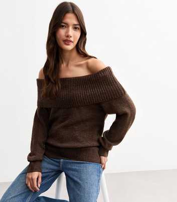 Brown Knit Foldover Bardot Jumper